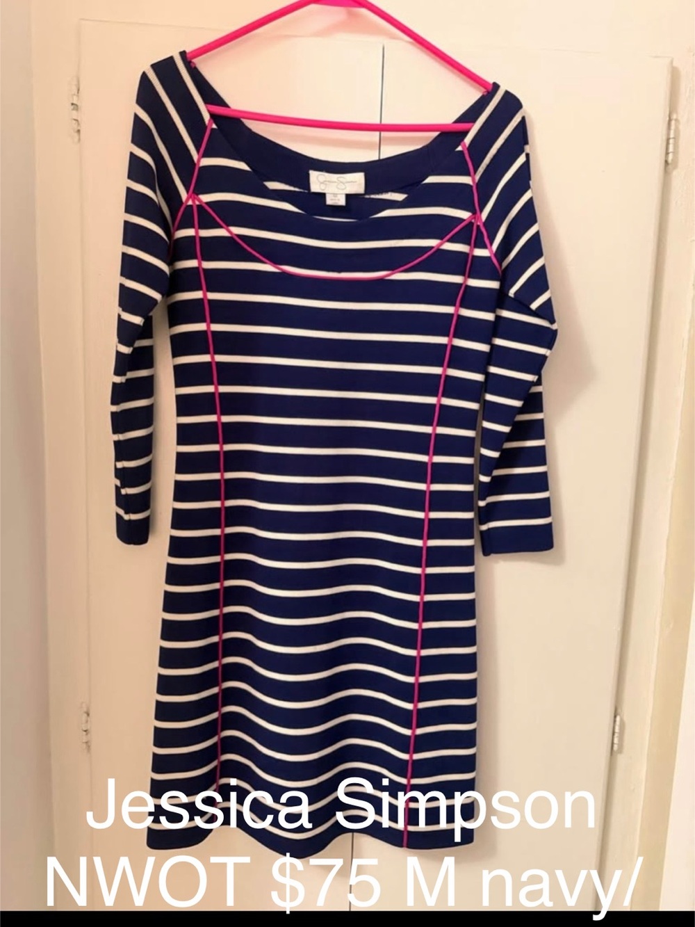Jessica Simpson Navy & White Striped Scoop Neck Dress with Pink Piping